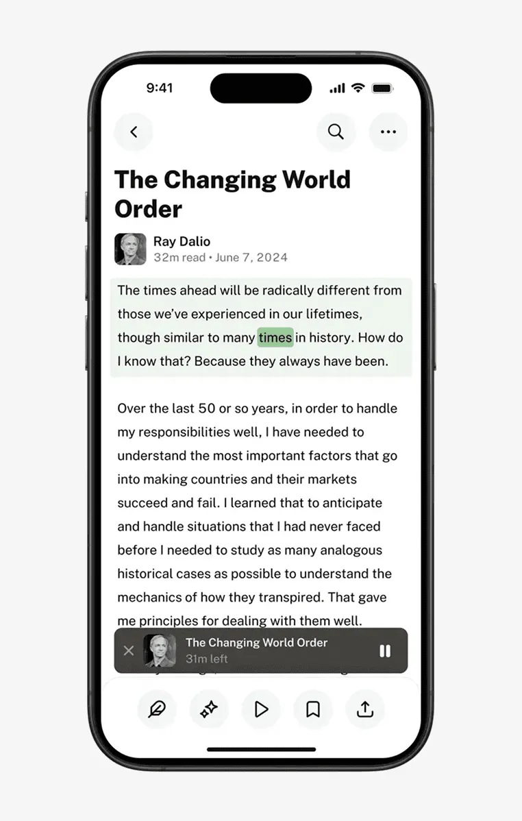 Perch article reader screen with 'The Changing World Order' open and text highlighted for audio playback